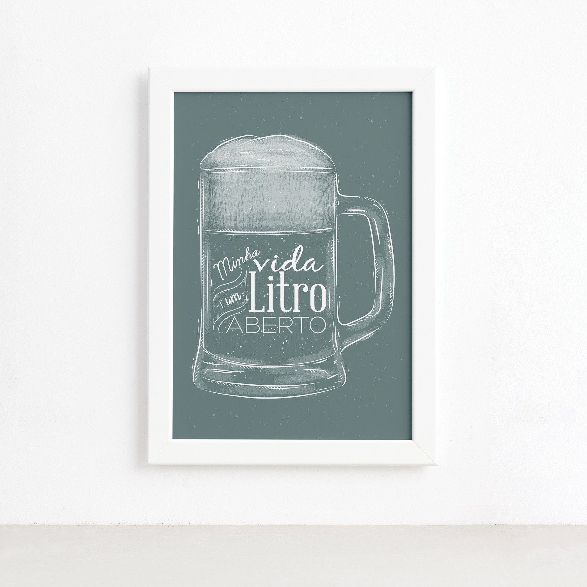 Quadro Frase Boteco Litro Aberto Moldura Branca 33x43cm