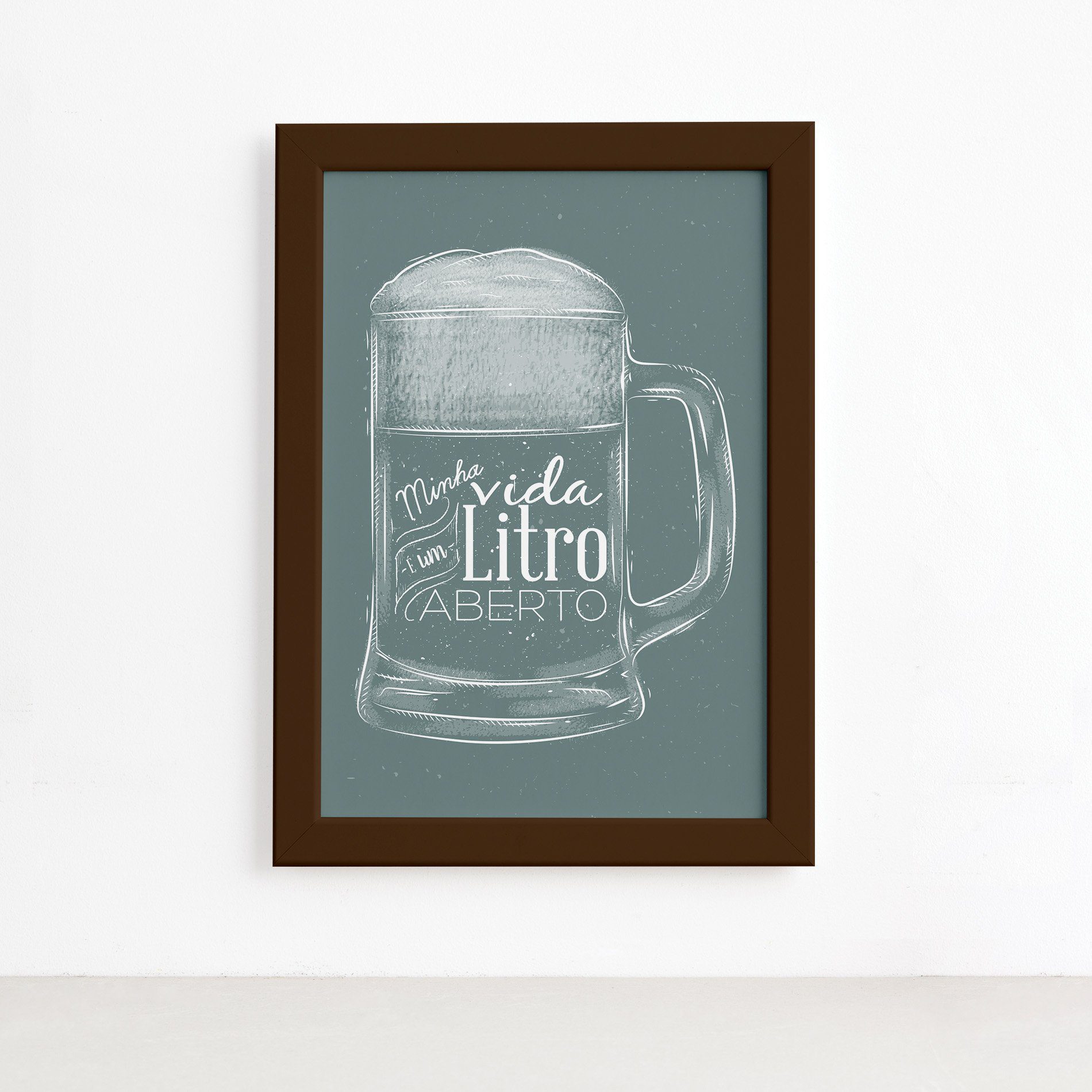 Quadro Frase Boteco Litro Aberto Moldura Marrom 33x43cm