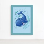 Quadro Infantil Fundo do Mar Baleia Moldura Azul 22x32cm