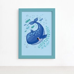Quadro Infantil Fundo do Mar Baleia Moldura Azul 22x32cm,Quadro Infantil Fundo do Mar Baleia Moldura Azul 22x32cm