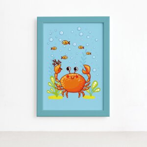Quadro Infantil Fundo do Mar Caranguejo Moldura Azul 22x32,Quadro Infantil Fundo do Mar Caranguejo Moldura Azul 22x32