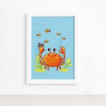 Quadro Infantil Fundo do Mar Caranguejo Moldura Branca 22x32