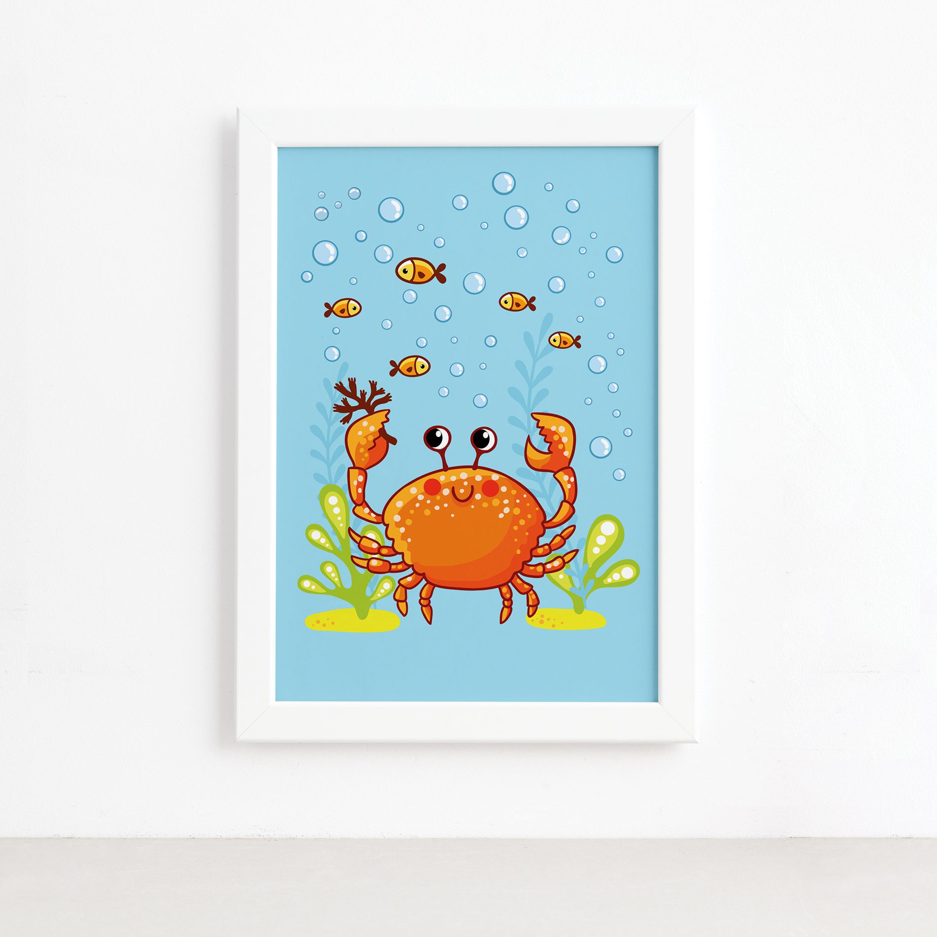 Quadro Infantil Fundo do Mar Caranguejo Moldura Branca 22x32,Quadro Infantil Fundo do Mar Caranguejo Moldura Branca 22x32