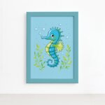 Quadro Infantil Cavalo Marinho Moldura Azul 22x32cm