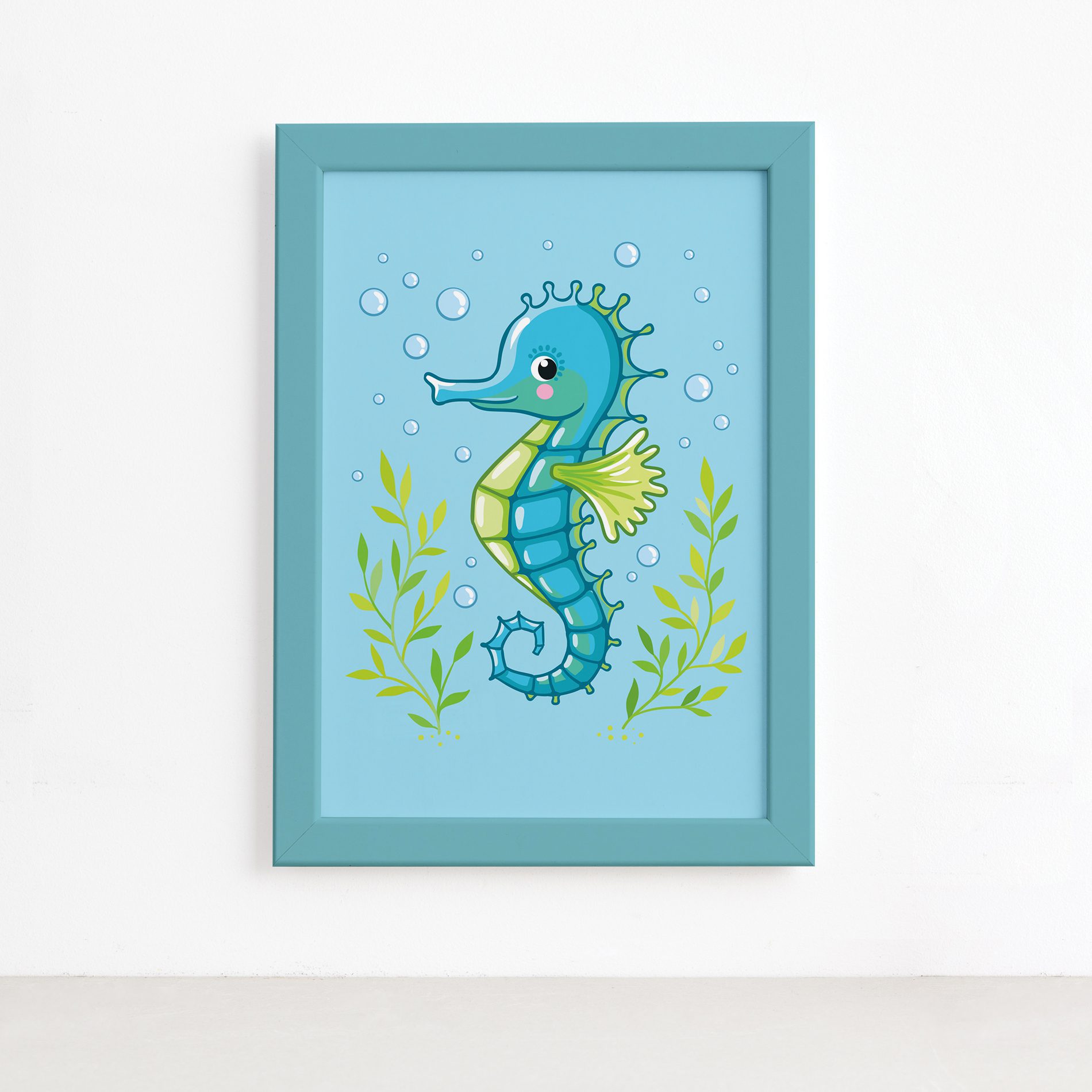 Quadro Infantil Cavalo Marinho Moldura Azul 22x32cm,Quadro Infantil Cavalo Marinho Moldura Azul 22x32cm