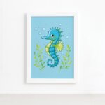 Quadro Infantil Cavalo Marinho Moldura Branca 22x32cm