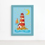 Quadro Infantil Farol do Mar Moldura Azul 22x32cm