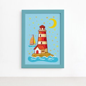 Quadro Infantil Farol do Mar Moldura Azul 22x32cm,Quadro Infantil Farol do Mar Moldura Azul 22x32cm