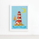 Quadro Infantil Farol do Mar Moldura Branca 22x32cm