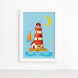 Quadro Infantil Farol do Mar Moldura Branca 22x32cm,Quadro Infantil Farol do Mar Moldura Branca 22x32cm