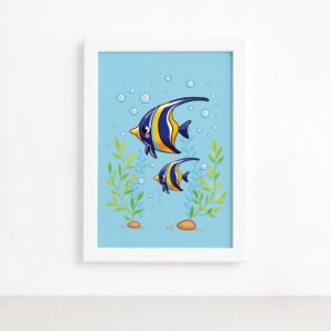 Quadro Infantil Peixe Azul Moldura Branca 22x32cm,Quadro Infantil Peixe Azul Moldura Branca 22x32cm