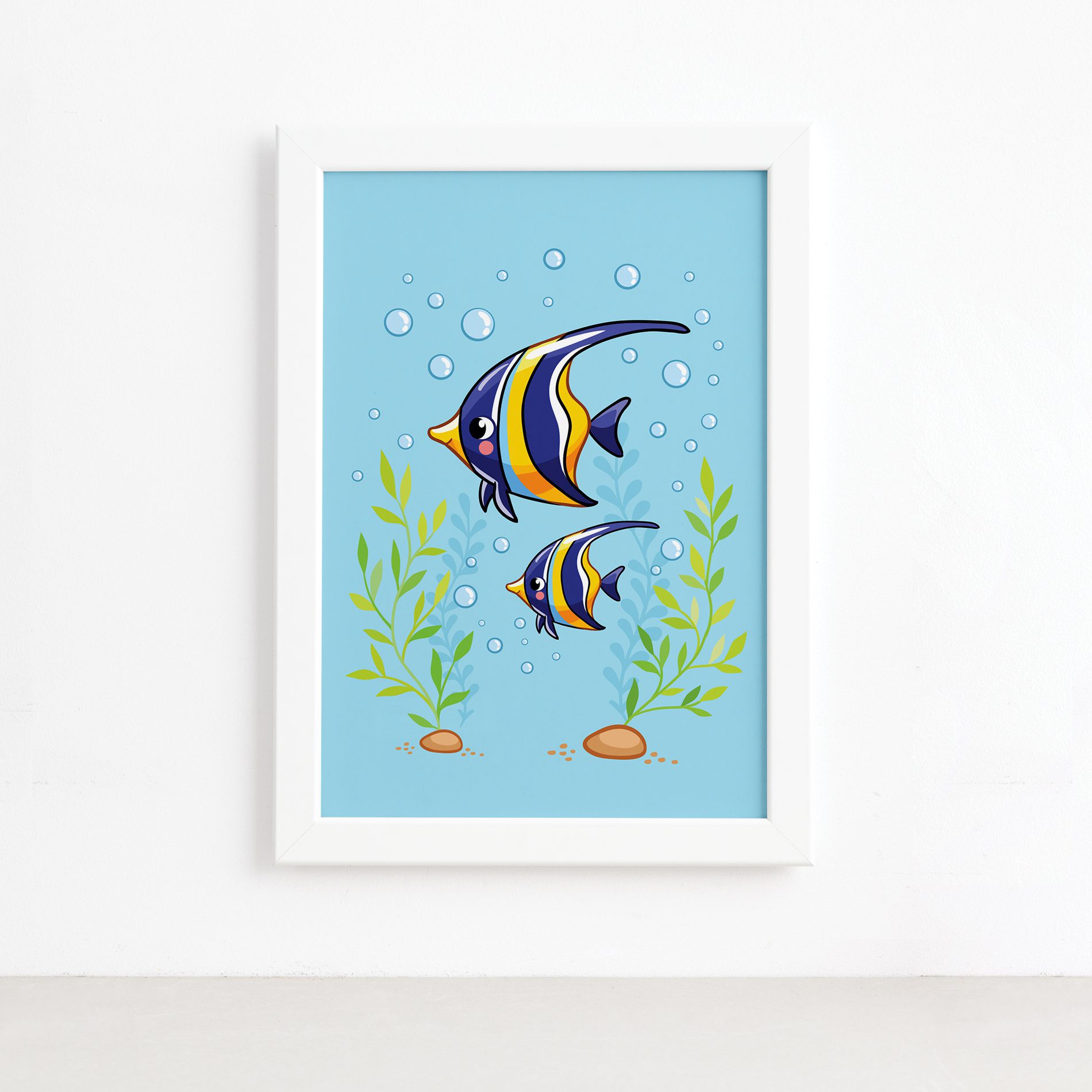 Quadro Infantil Peixe Azul Moldura Branca 22x32cm,Quadro Infantil Peixe Azul Moldura Branca 22x32cm
