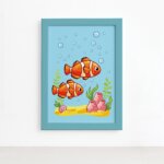 Quadro Infantil Peixes Palhaço Moldura Azul 22x32cm