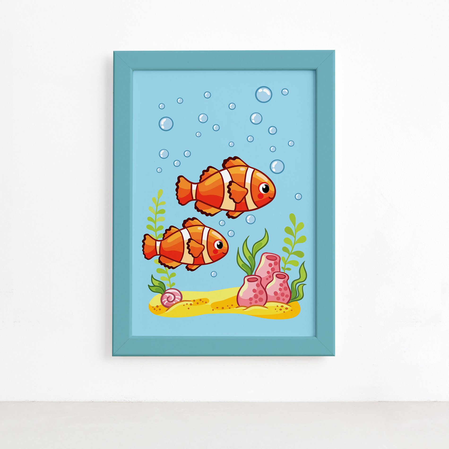 Quadro Infantil Peixes Palhaço Moldura Azul 22x32cm,Quadro Infantil Peixes Palhaço Moldura Azul 22x32cm