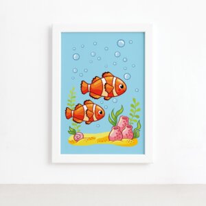 Quadro Infantil Peixes Palhaço Moldura Branca 22x32cm,Quadro Infantil Peixes Palhaço Moldura Branca 22x32cm