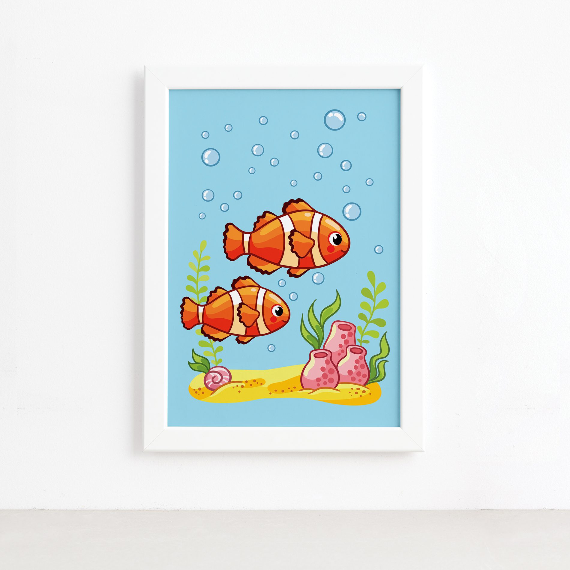 Quadro Infantil Peixes Palhaço Moldura Branca 22x32cm,Quadro Infantil Peixes Palhaço Moldura Branca 22x32cm