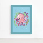 Quadro Infantil Fundo do Mar Polvo Moldura Azul 22x32cm