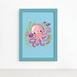 Quadro Infantil Fundo do Mar Polvo Moldura Azul 22x32cm,Quadro Infantil Fundo do Mar Polvo Moldura Azul 22x32cm
