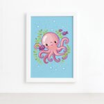 Quadro Infantil Fundo do Mar Polvo Moldura Branca 22x32cm