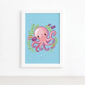Quadro Infantil Fundo do Mar Polvo Moldura Branca 22x32cm,Quadro Infantil Fundo do Mar Polvo Moldura Branca 22x32cm