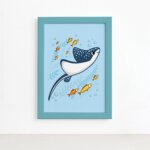 Quadro Infantil Fundo do Mar Raia Moldura Azul 22x32cm