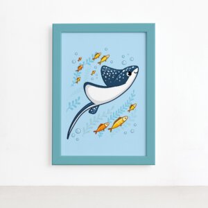 Quadro Infantil Fundo do Mar Raia Moldura Azul 22x32cm,Quadro Infantil Fundo do Mar Raia Moldura Azul 22x32cm