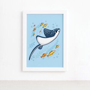 Quadro Infantil Fundo do Mar Raia Moldura Branca 22x32cm,Quadro Infantil Fundo do Mar Raia Moldura Branca 22x32cm
