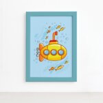 Quadro Infantil Submarino Amarelo Moldura Azul 22x32cm