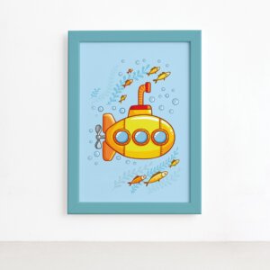 Quadro Infantil Submarino Amarelo Moldura Azul 22x32cm,Quadro Infantil Submarino Amarelo Moldura Azul 22x32cm