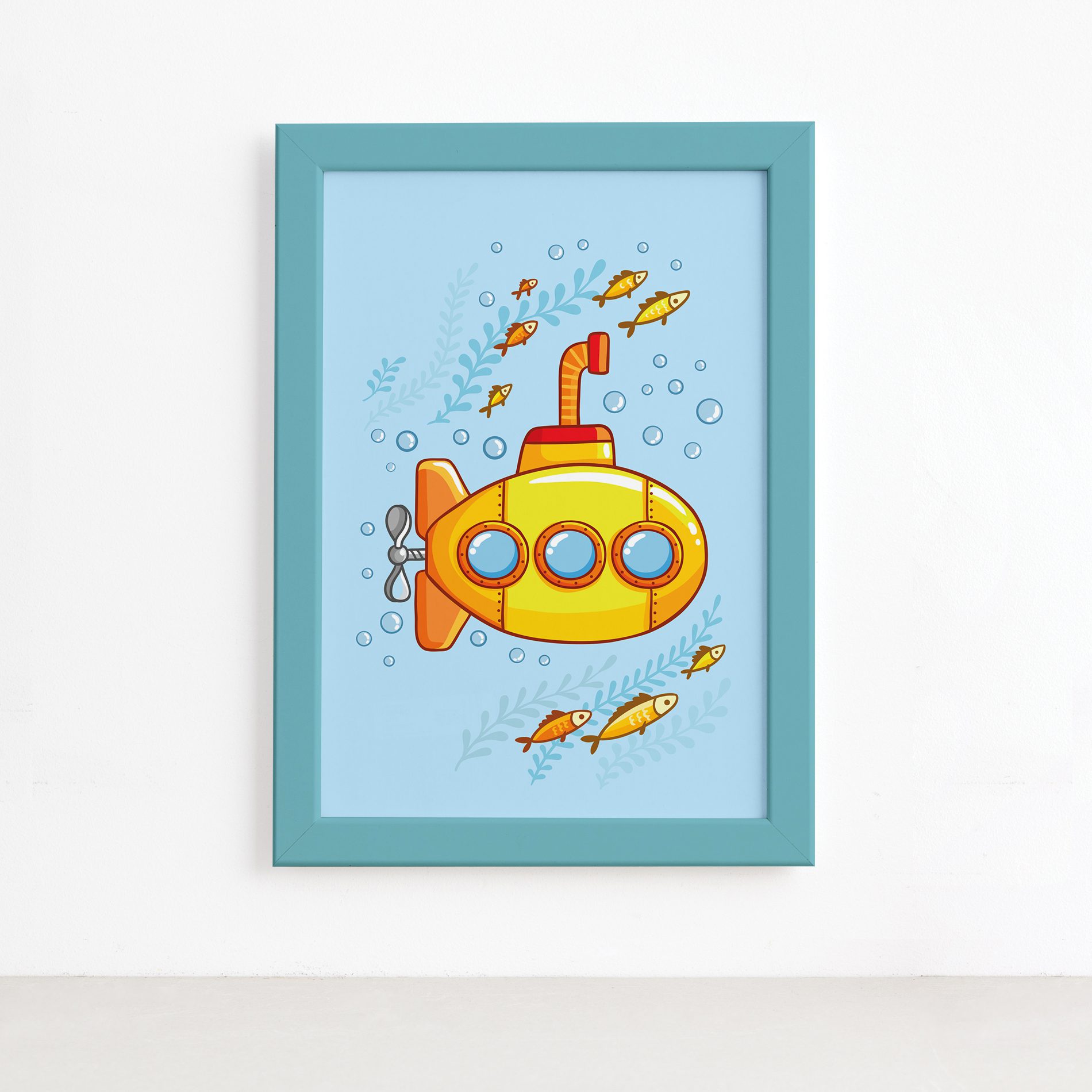 Quadro Infantil Submarino Amarelo Moldura Azul 22x32cm,Quadro Infantil Submarino Amarelo Moldura Azul 22x32cm