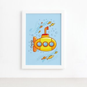 Quadro Infantil Submarino Amarelo Moldura Branca 22x32cm,Quadro Infantil Submarino Amarelo Moldura Branca 22x32cm