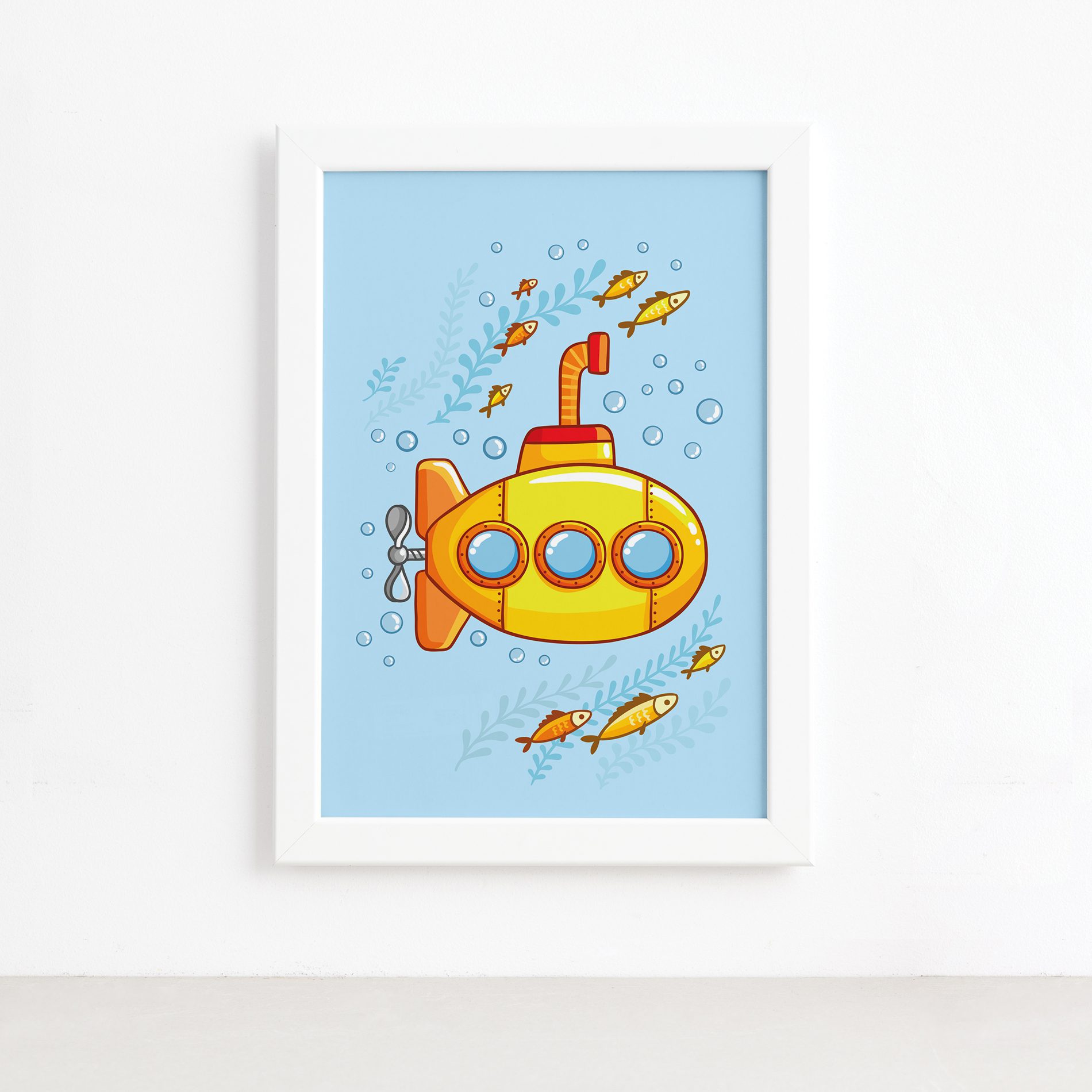 Quadro Infantil Submarino Amarelo Moldura Branca 22x32cm,Quadro Infantil Submarino Amarelo Moldura Branca 22x32cm