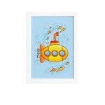 Quadro Infantil Submarino Amarelo Moldura Branca 33x43cm