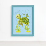 Quadro Infantil Tartaruga Fundo do Mar Moldura Azul 22x32