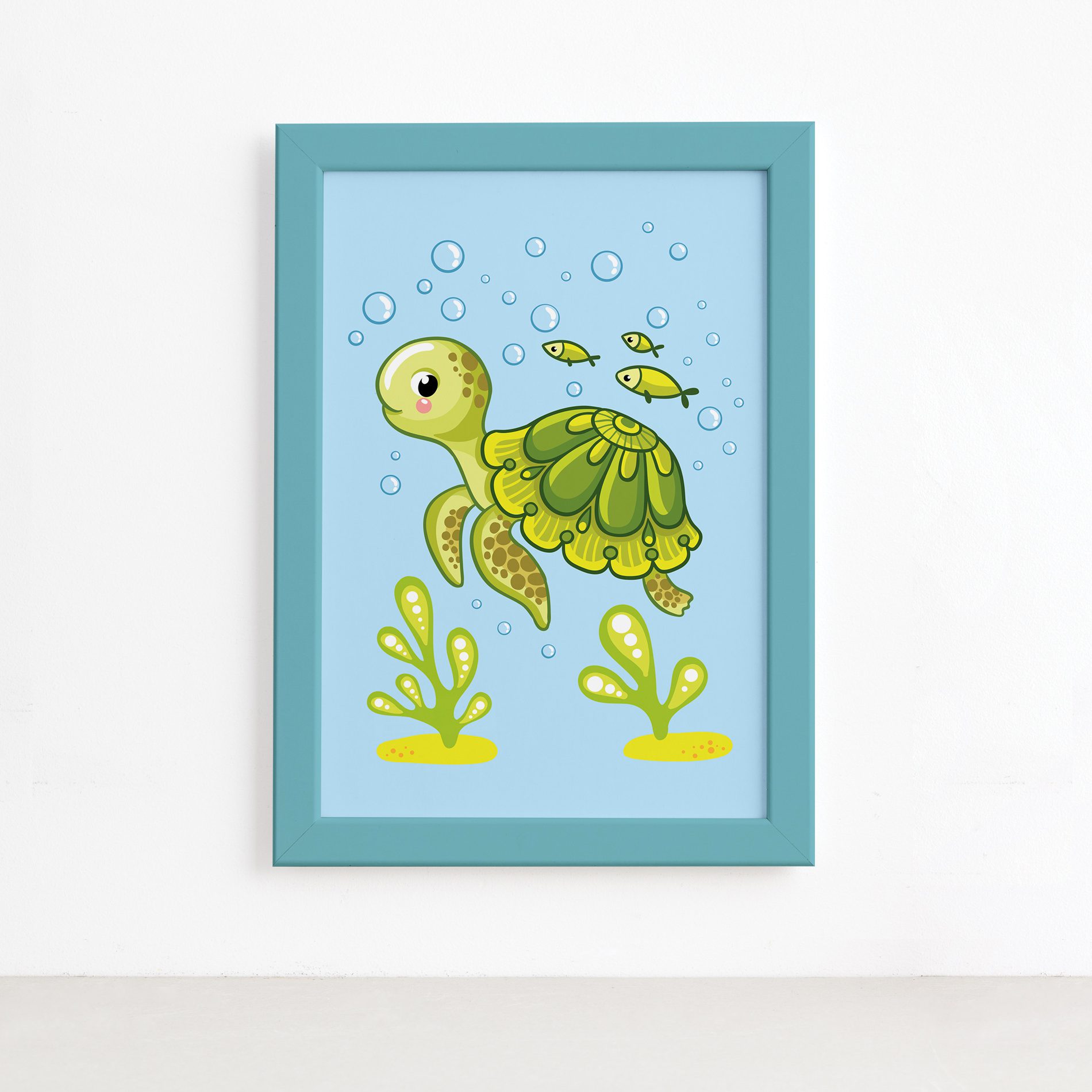 Quadro Infantil Tartaruga Fundo do Mar Moldura Azul 22x32,Quadro Infantil Tartaruga Fundo do Mar Moldura Azul 22x32