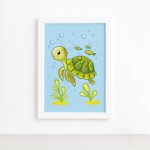 Quadro Infantil Tartaruga Fundo do Mar Moldura Branca 22x32