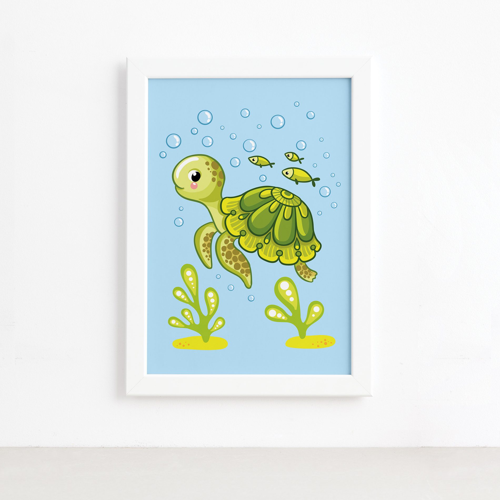 Quadro Infantil Tartaruga Fundo do Mar Moldura Branca 22x32,Quadro Infantil Tartaruga Fundo do Mar Moldura Branca 22x32