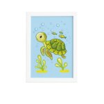 Quadro Infantil Tartaruga Fundo do Mar Moldura Branca 33x43