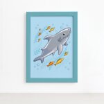 Quadro Infantil Shark Tubarão Moldura Azul 22x32cm