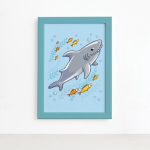 Quadro Infantil Shark Tubarão Moldura Azul 22x32cm,Quadro Infantil Shark Tubarão Moldura Azul 22x32cm