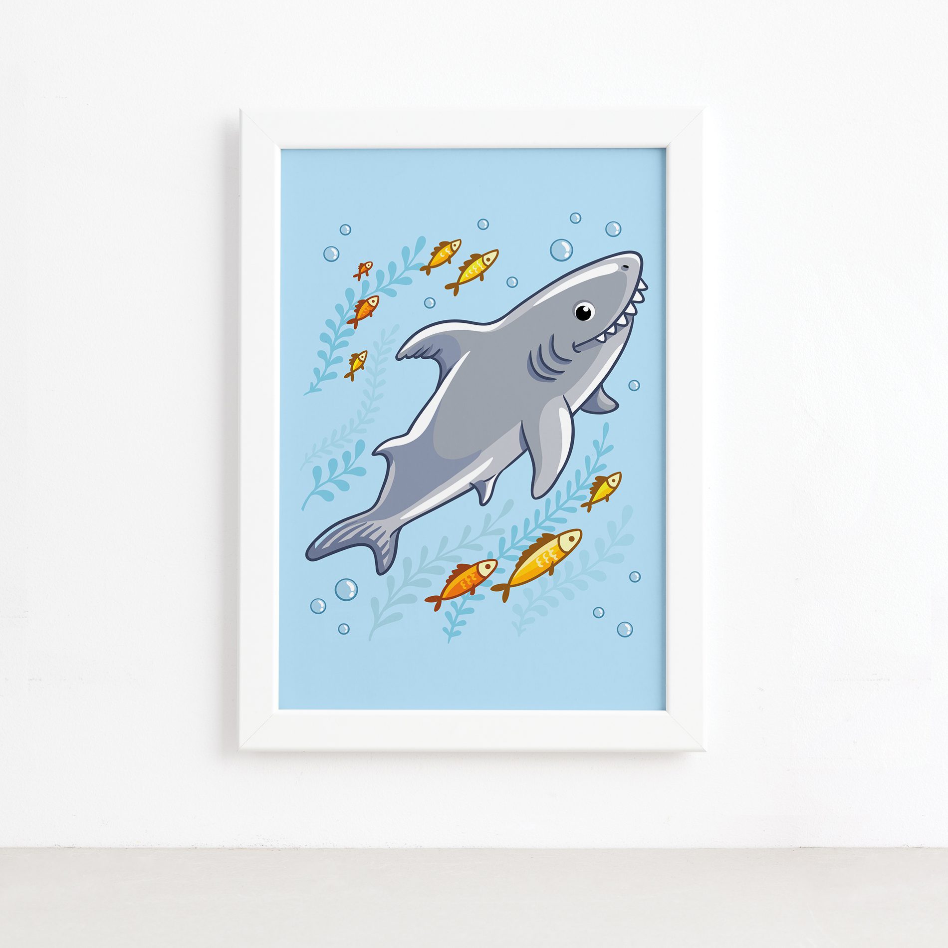 Quadro Infantil Shark Tubarão Moldura Branca 22x32cm,Quadro Infantil Shark Tubarão Moldura Branca 22x32cm