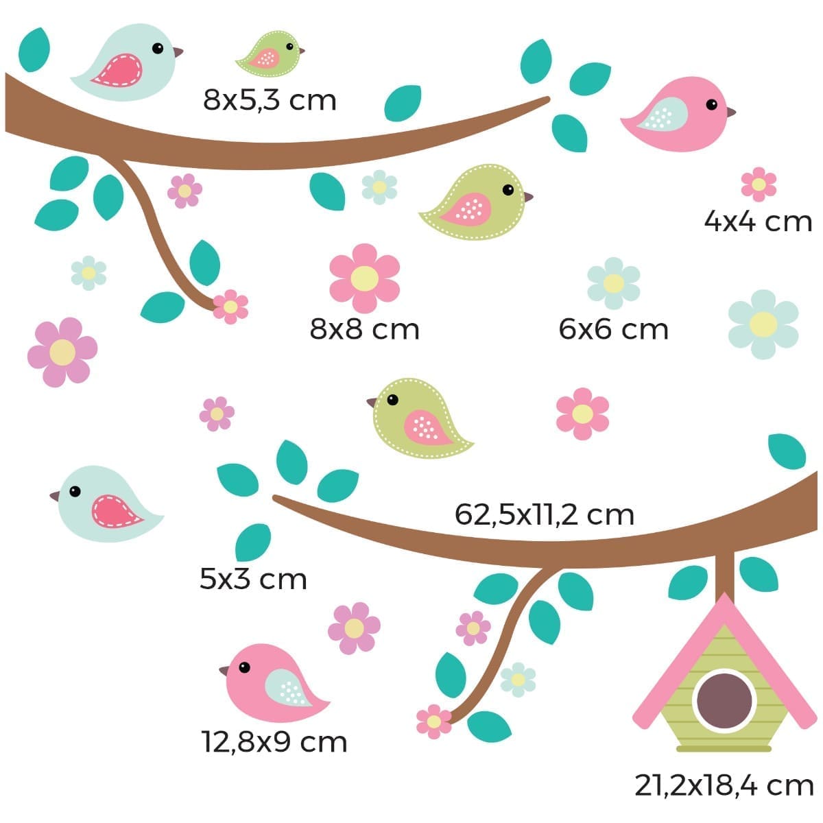 Adesivo de parede com galhos, pássaros e flores coloridos, mostrando detalhes e dimensões para aplicação.
