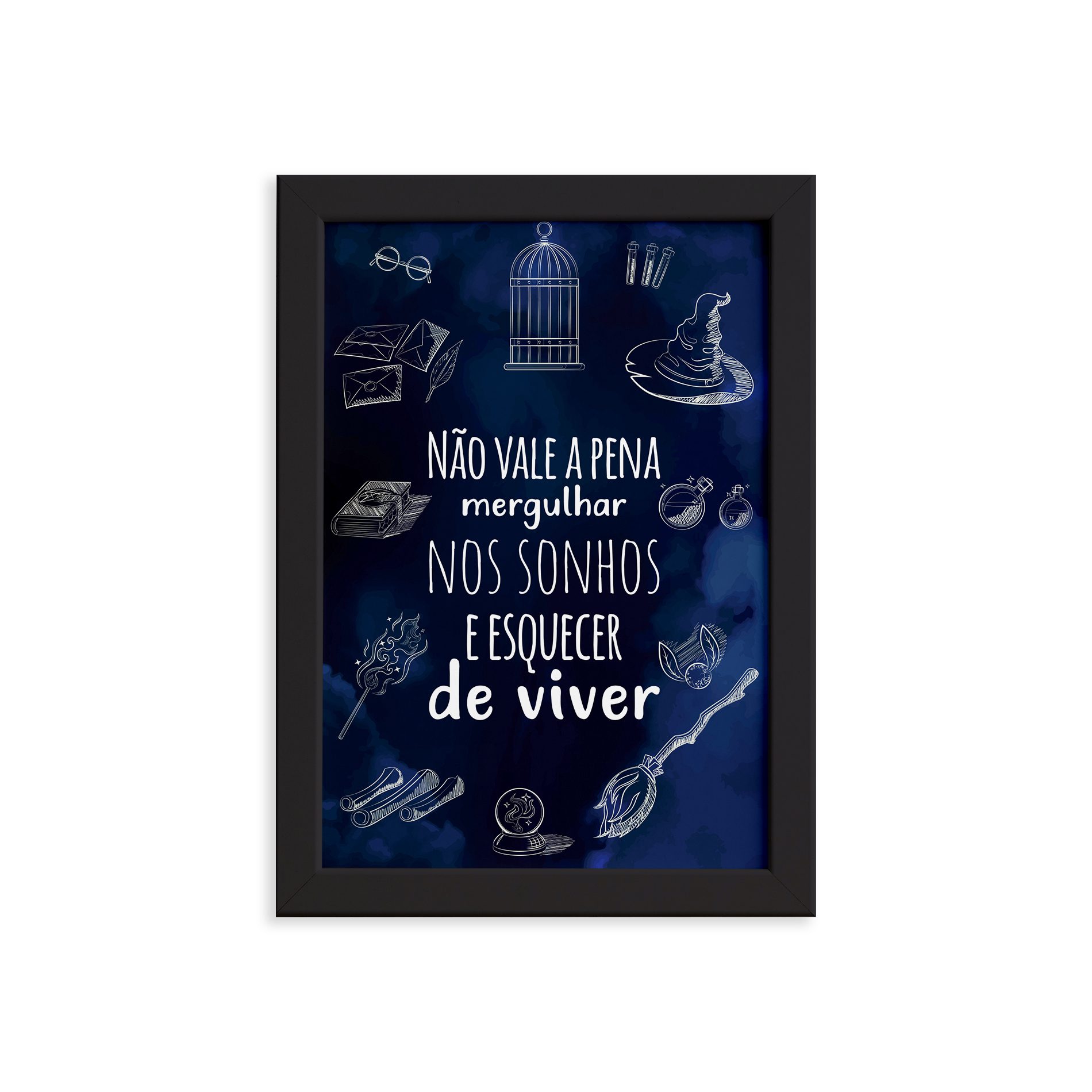 Quadro decorativo retangular com moldura preta, medindo 33x43 cm, com tema Harry Potter.