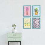 Kit Quadro Decorativos Abacaxi Moldura Azul 4un 22x32cm