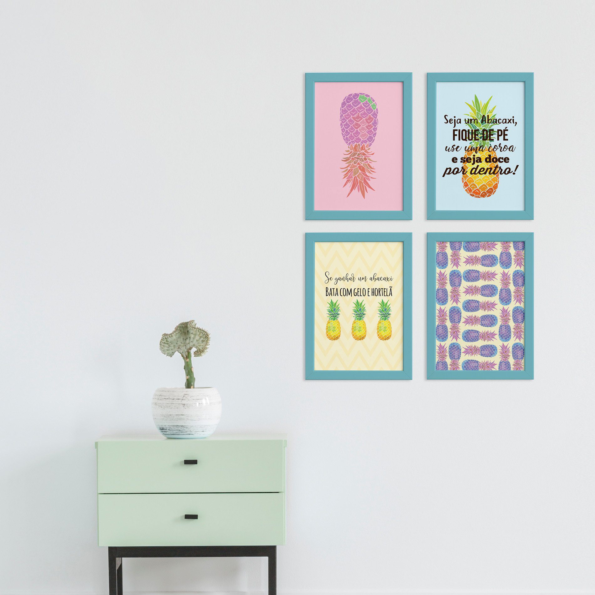 Kit Quadro Decorativos Abacaxi Moldura Azul 4un 22x32cm