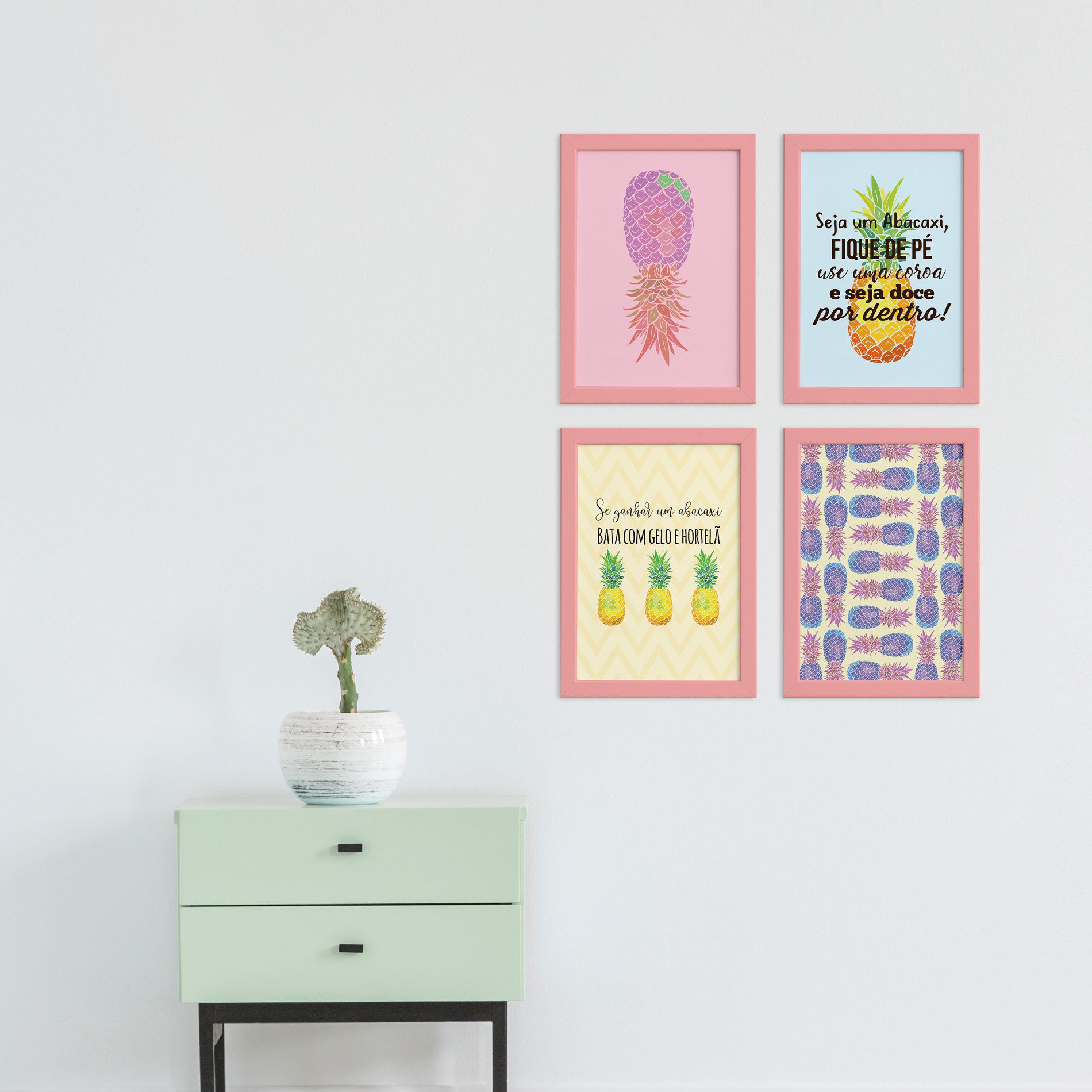Kit Quadro Decorativos Abacaxi Moldura Rosa 4un 22x32cm