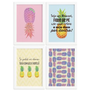 Kit Quadro Decorativos Abacaxi Moldura Branca 4un 22x32cm