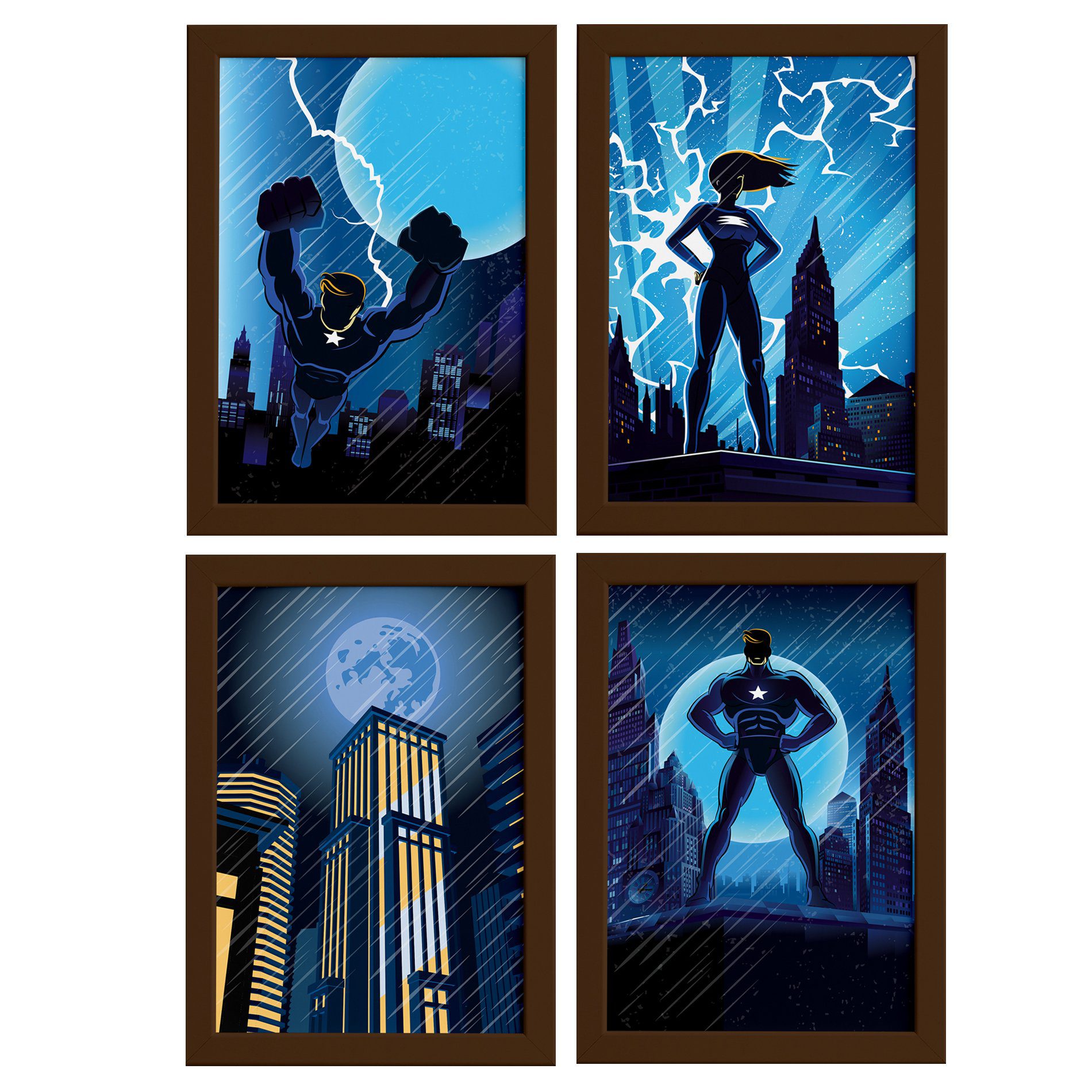 Quadros Super Heróis Geek Moldura Marrom 22x32cm 4un