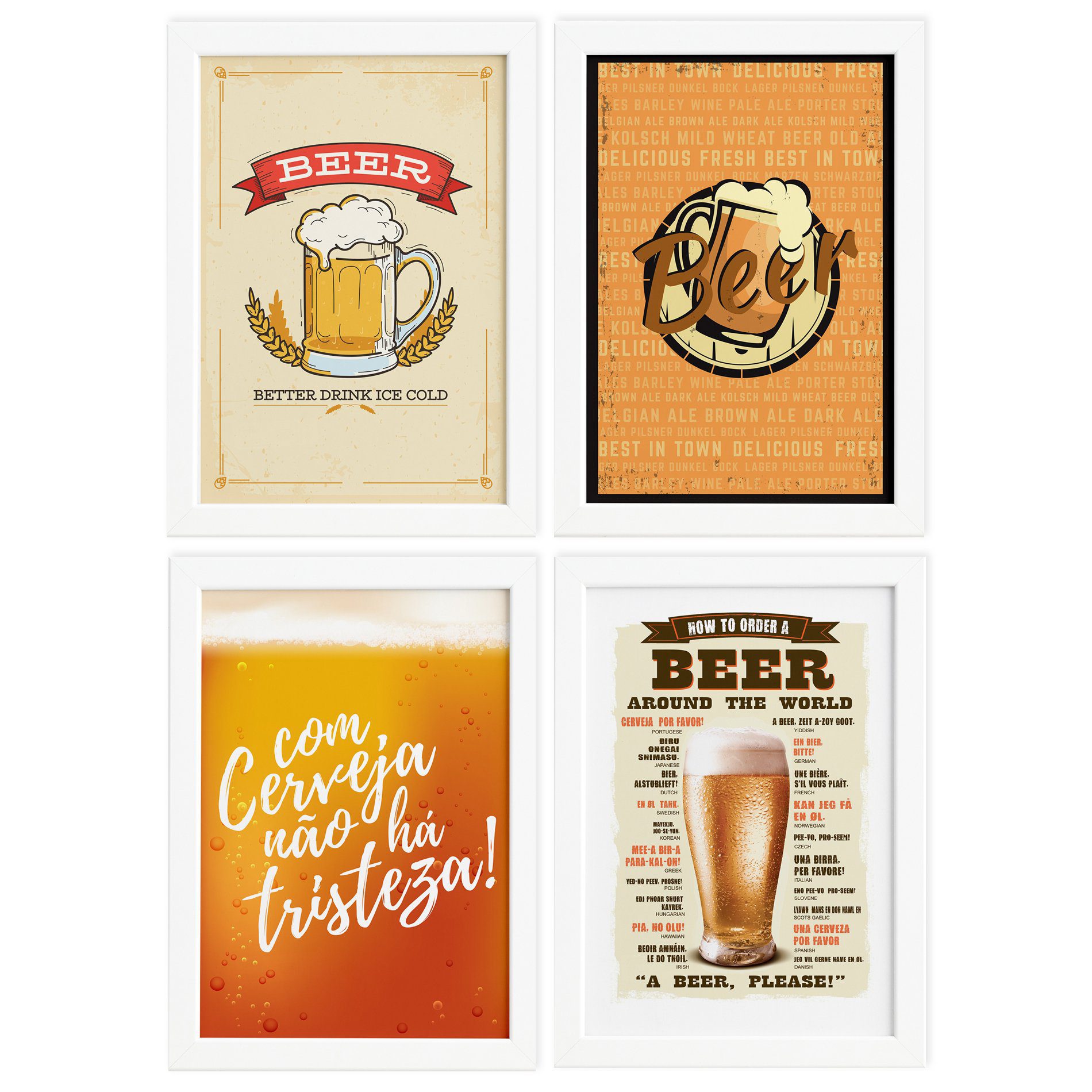 Quadros de Cerveja Beers Moldura Branca 33x43cm 4un