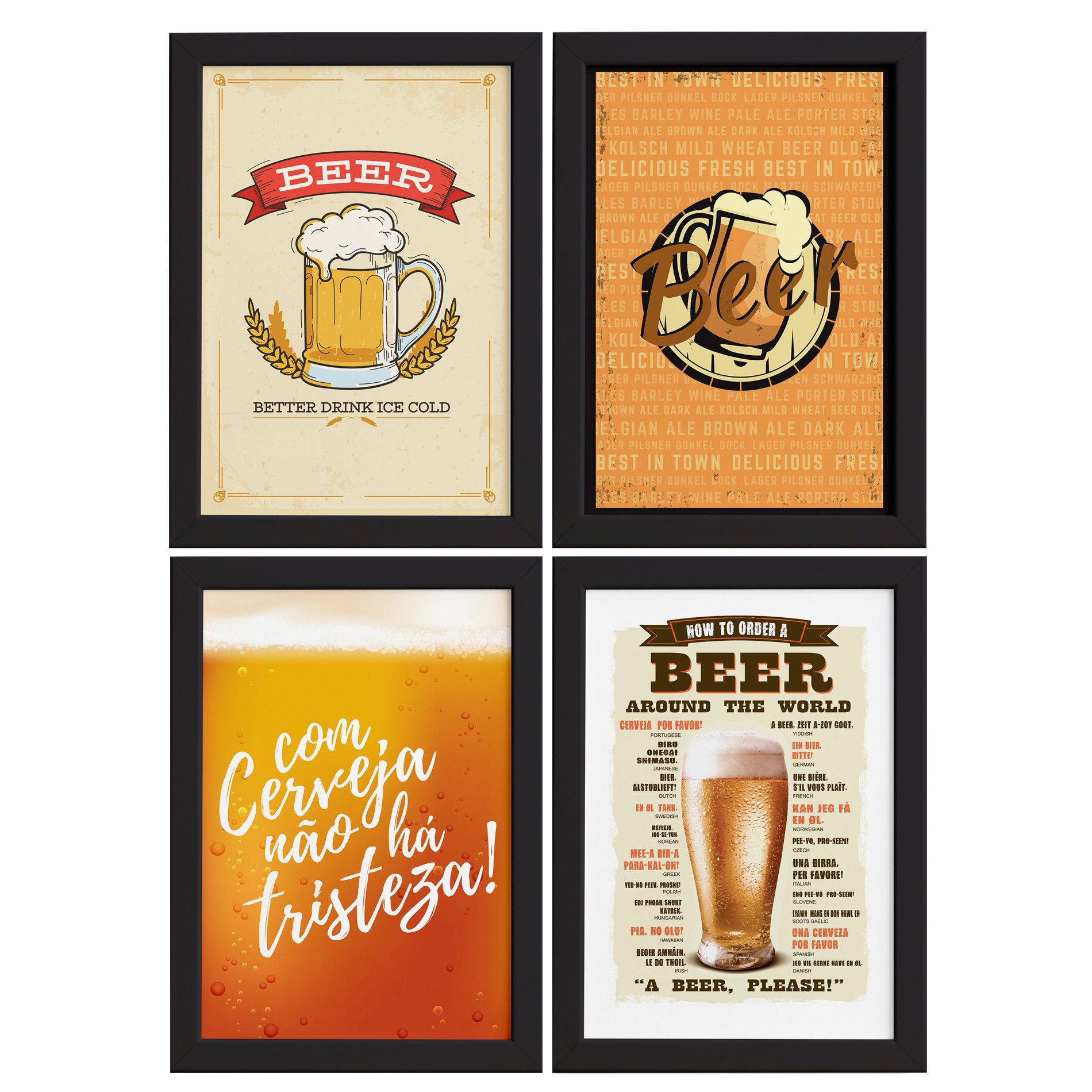 Quadros de Cerveja Beers Moldura Preta 33x43cm 4un